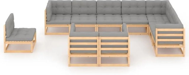 vidaXL 10-tlg Garten-Lounge-Set Modell 10 aus massivem Kiefernholz in U-Form mit grauen Kissen - Bild 1