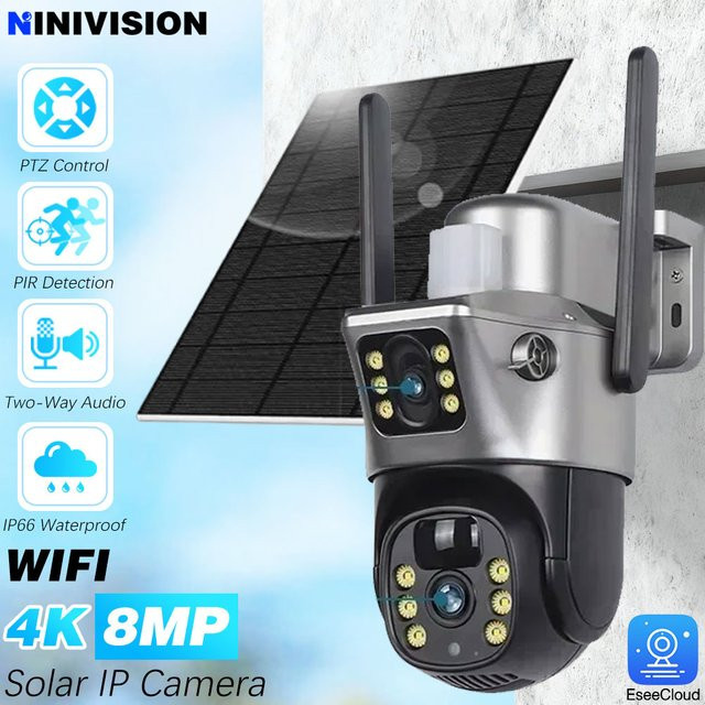 NINIVISION 4K 8MP Solar Überwachungskamera mit Dual Lens, Dual Screen und PIR Erkennung, 5G & 2,4 GHz WiFi, PTZ Kamera mit EseeCloud App-Unterstützung - Bild 1