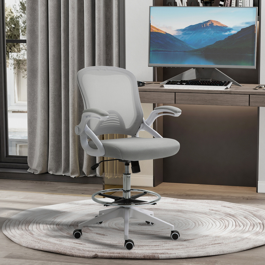 Vinsetto Ergonomischer Bürostuhl in Hellgrau mit hochklappbaren Armlehnen, verstellbarem Fußring und Wippfunktion - Bild 2