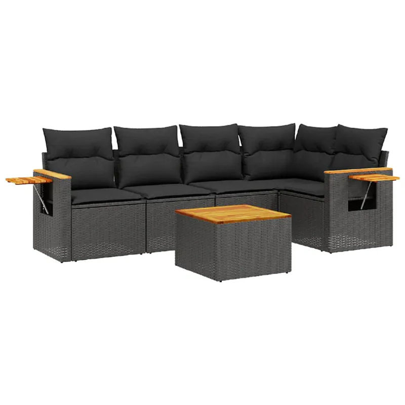 vidaXL 6-teilige Garten-Sofagarnitur aus Poly-Rattan und Akazienholz in Schwarz mit Kissen - Bild 2
