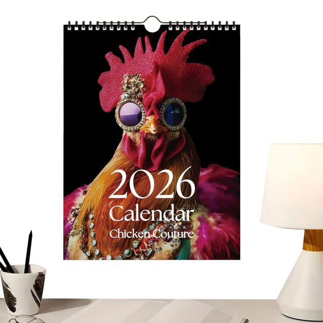 Wandkalender 2026 mit Henne-Motiv in Mehrfarbig, 12 Monate, rustikaler Stil aus Papier - Bild 1