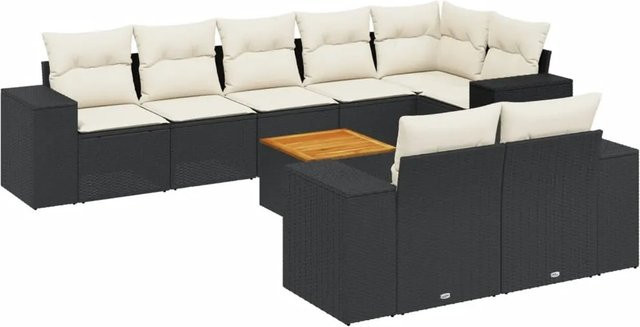 vidaXL 9-tlg Garten-Sofagarnitur in L-Form aus Poly-Rattan und pulverbeschichtetem Stahl mit Kissen in Schwarz-Creme - Bild 1