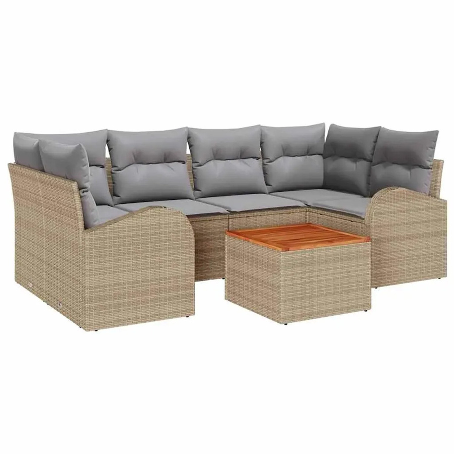 vidaXL 7-teiliges Garten Sofa Set aus Polyrattan und Akazie in Beige mit Kissen und Ottoman für Garten, Balkon oder Terrasse - Bild 2