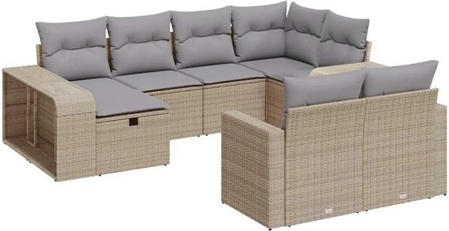 vidaXL 10-tlg. Garten-Sofagarnitur in L-Form aus Poly-Rattan mit Kissen, Beige/Grau - Bild 1