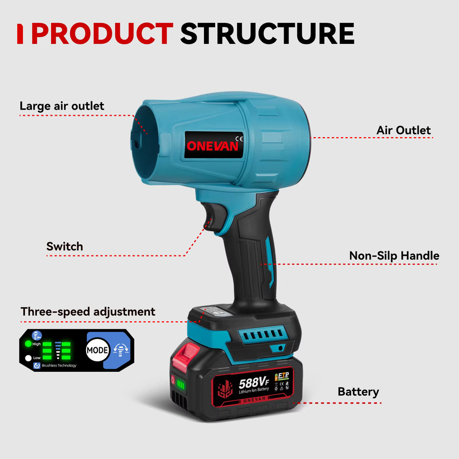 ONEVAN Akkubetriebenes Turbo Gebläse mit 300000 RPM für Makita 18V Akku, Blau - Bild 2