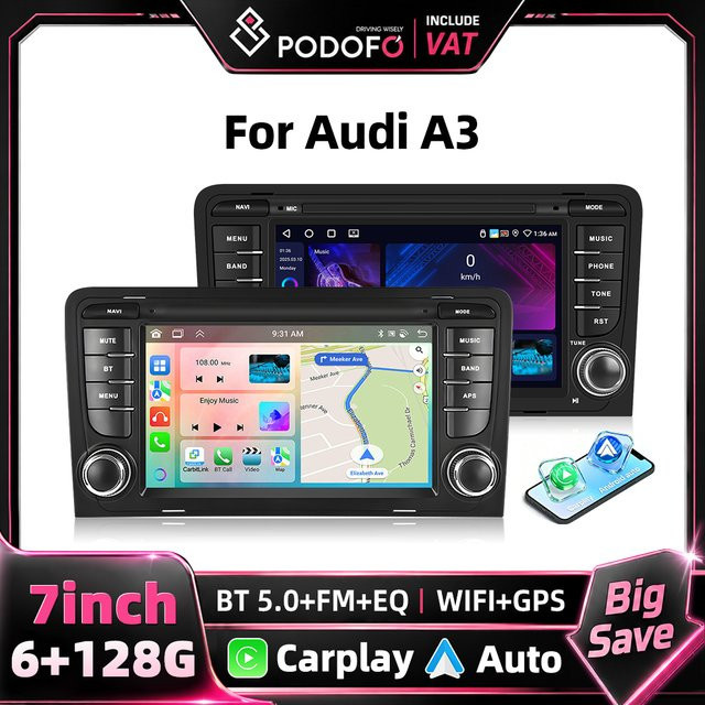 Podofo 7 Zoll 2 Din Autoradio Multimedia-Player mit Bluetooth und HD Kapazitivem Touchscreen für Audi A3 8P/A3 8P1 3-Türer Schrägheck, S3 8P/RS3 Sportback, Kabelloses Carplay, Android Auto und Mirror Link, Schwarz - Bild 1