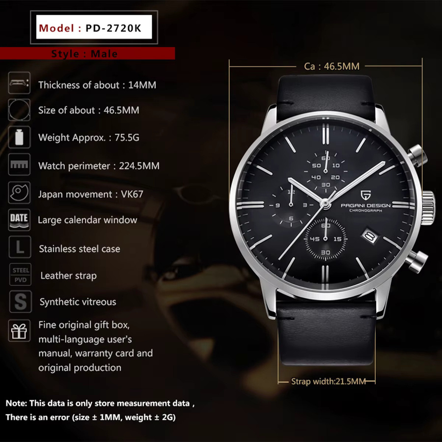 PAGANI DESIGN Chronograph, Quarz, Edelstahl, Leder, Herren, Schwarz - Bild 2