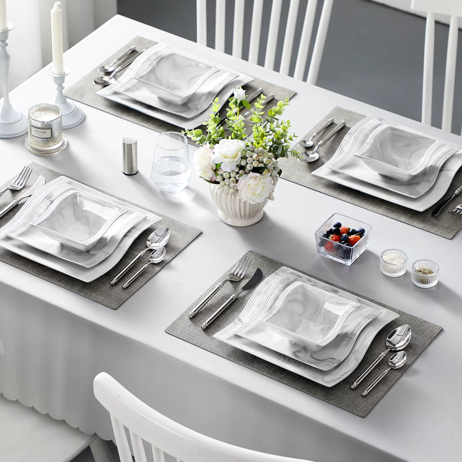 MALACASA Porzellan-Geschirrset aus Keramik in Weiß und Marmor, 12-teiliges Dinner-Service mit Speisetellern und Schalen - Bild 4