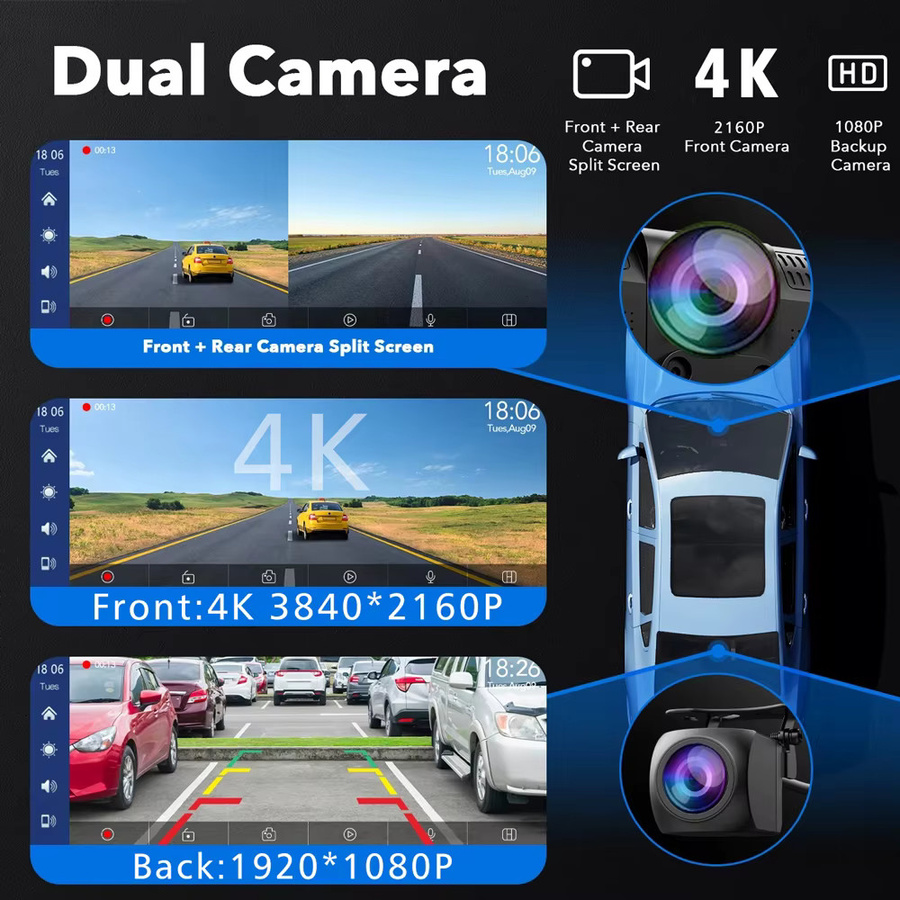 USEEBEE 4K Dash Cam mit Carplay und Android Auto, Dual Objektiv, GPS, 5G WIFI, Bluetooth und FM Transmitter, Schwarz - Bild 3