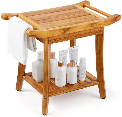 VEVOR Duschbank aus Teakholz in Braun mit Ablagefläche und Griff, B/T/H: 56 x 36,5 x 47 cm - Bild 1