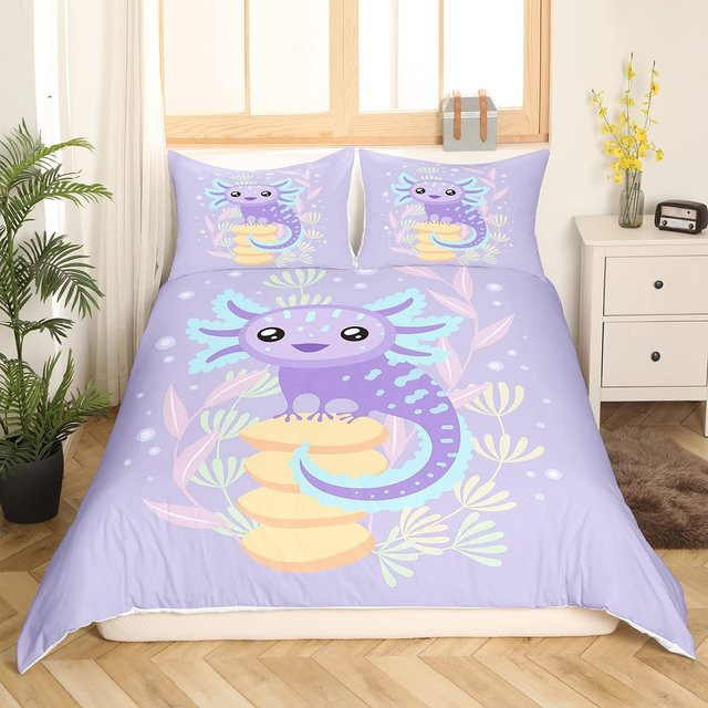 Jinmeige Axolotl Bettwäsche-Set für Kinder in Lila, 3-teilig mit Bettbezug und Kissenbezügen, B/H: 155 x 215 cm - Bild 1