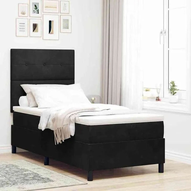 Modernes Boxspringbett mit Matratze von vidaXL in Schwarz aus Samt und Kiefer, B/T/H: 100 x 200 x 128 cm - Bild 1