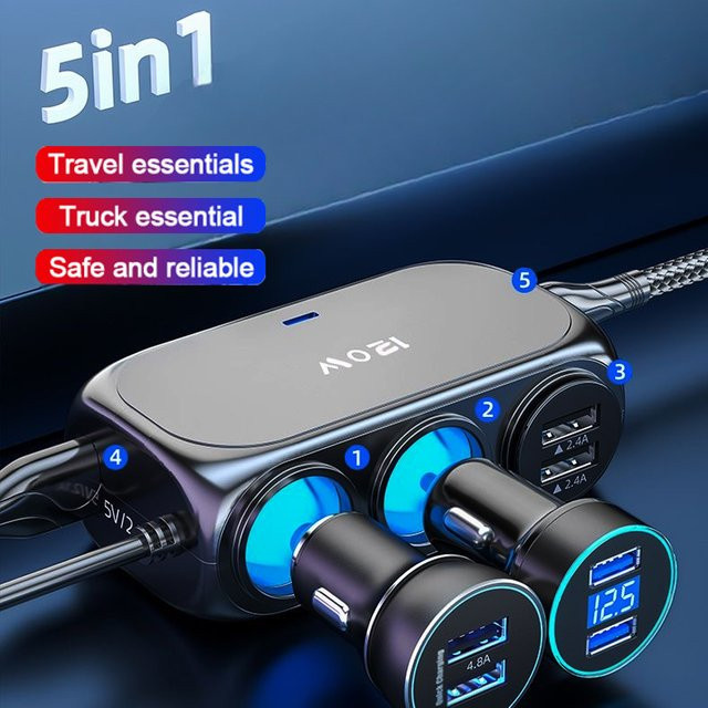 Baideluo 3-in-1 Dual USB Autoladegerät 120W Schnellladestecker in Schwarz für 12V 24V Fahrzeuge - Bild 1