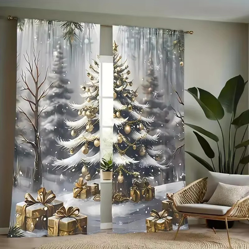 2er-Set elegante goldene Vorhänge mit Weihnachtsbaum- und Geschenkmuster, lichtblockierend, Breite: 150 cm, Höhe: 150 cm - Bild 2