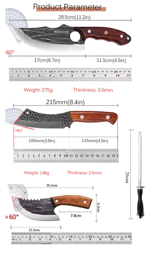 WXCOO Küchenmesser aus handgeschmiedetem Edelstahl mit braunem Holzgriff, multifunktionales Metzgermesser - Bild 5