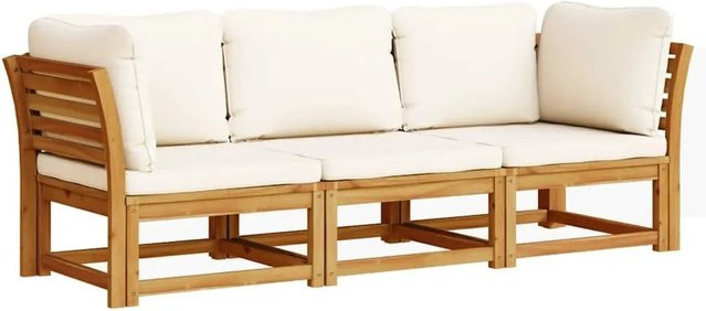 vidaXL 3-teiliges Garten-Lounge-Set aus Akazien-Massivholz in L-Form mit Kissen in Creme/Beige - Bild 1