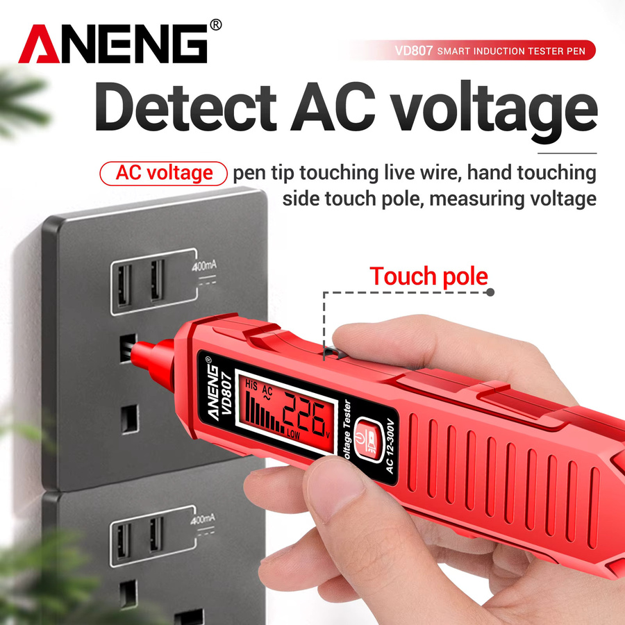 ANENG VD807 Berührungsloser Spannungsprüfer AC 12-300V 50/60Hz NCV Live-Neutralleiter-Detektor mit Ton- und Lichtalarm in Schwarz - Bild 2