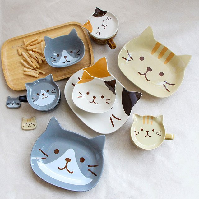 AmoryLuz Keramik Schüssel für Kinder im japanischen Stil mit Katzen-Motiv, grau und mehrfarbig - Bild 1