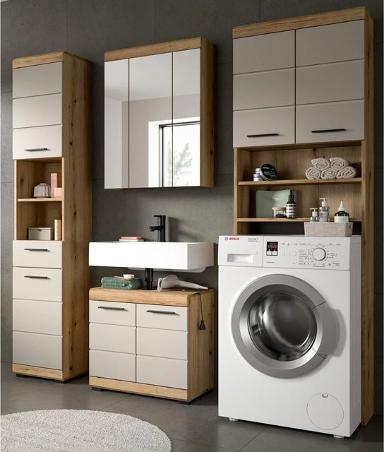 Inn.Furn Badmöbel Set Shawn in Sand und Eiche, 4-teilig mit Waschbeckenunterschrank, Spiegelschrank, Hochschrank und Waschmaschinenschrank, Breite: 190 cm - Bild 1
