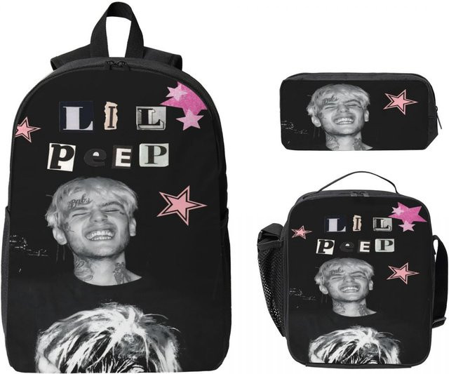 3-teiliges Lil Peep Rucksack-Set von Fancy Style Studio für Kinder mit Federmäppchen und Brotdose in Grau und Schwarz - Bild 1