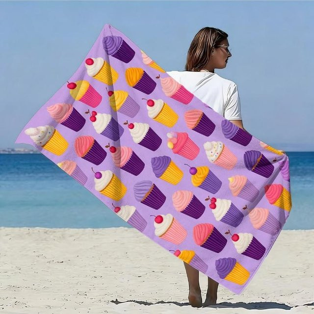 Dalangpa Strandtuch mit Cartoon-Cupcake-Muster in Multicolor, schnelltrocknendes Mikrofaser-Badetuch, Breite: 40 cm, Höhe: 60 cm - Bild 1