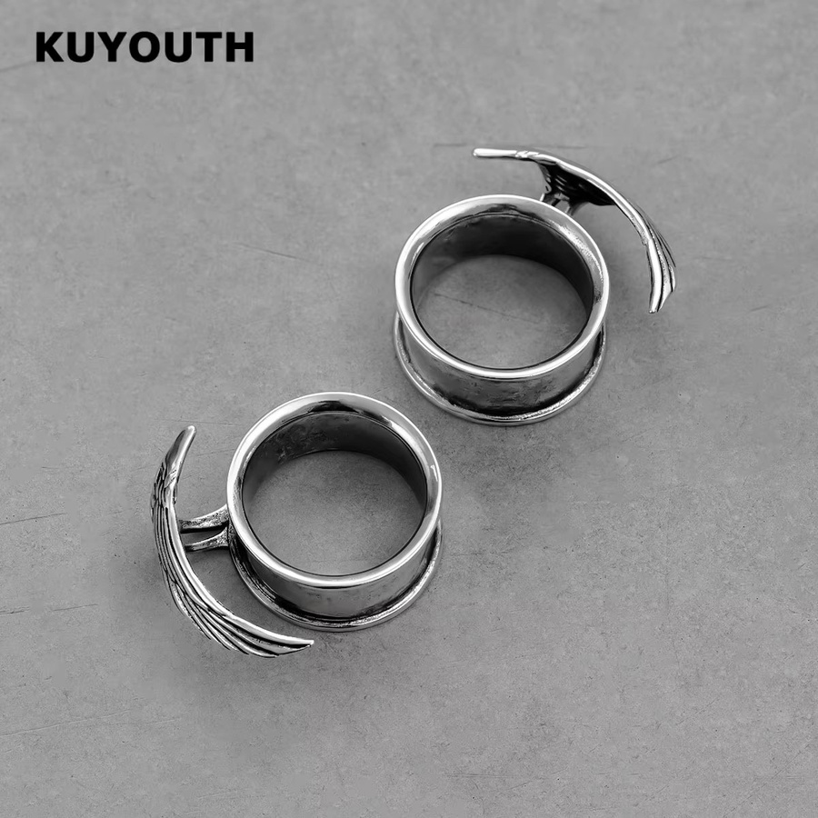 KUYOUTH Ohr-Tunnel, Asymmetrische Flügel, Edelstahl, Silber, Unisex - Bild 2