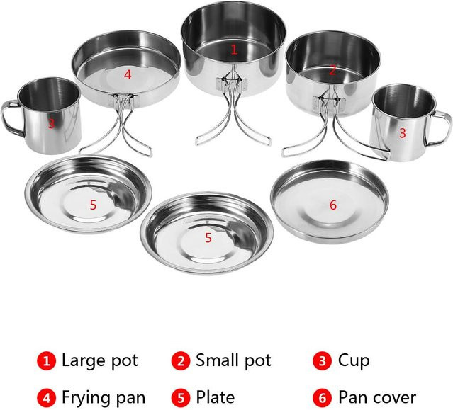 Fishine 8-teiliges Edelstahl Kochgeschirr Set für Camping und Outdoor in Grau/Silber - Bild 1