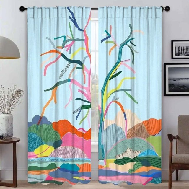 Zweiteiliges Set Italienische Kunst Fenstervorhänge aus Tüll, halbtransparentes Design für Schlafzimmer und Wohnzimmer, Mehrfarbig, Breite: 50 cm, Höhe: 70 cm - Bild 1