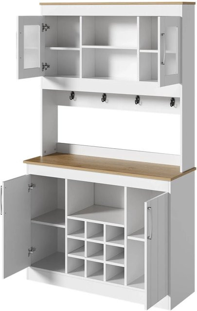okwish Küchenbuffet mit Aufsatz in Weiß, mit Glastüren, Weinregal und Hakenleiste, B/T/H: 106 x 39 x 175 cm - Bild 1