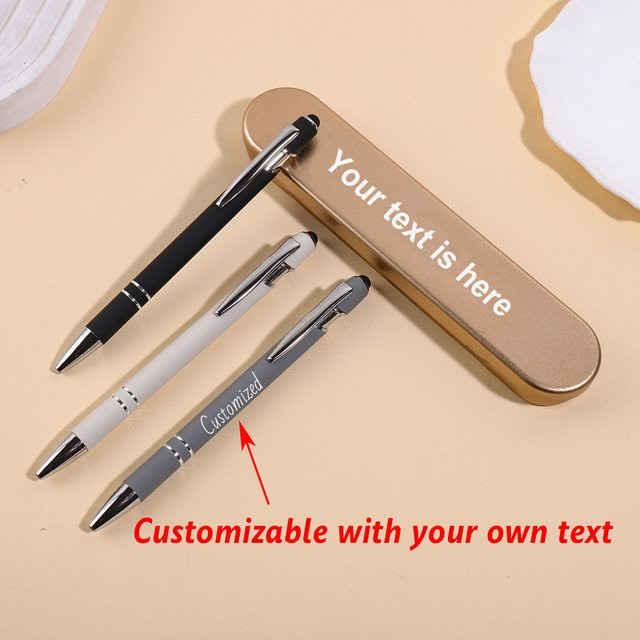 Personalisierter Metall-Druckkugelschreiber mit individuellem Text und Stylus-Funktion, blaue Tinte - Bild 1