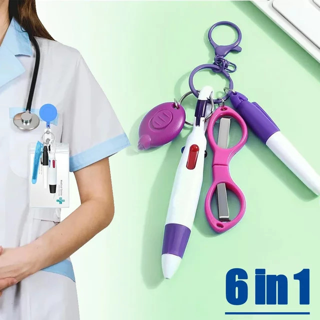 6in1 Multifunktions Kugelschreiber Set mit Taschenlampe, Schere und Schlüsselbund in Pink und Purple - Bild 1
