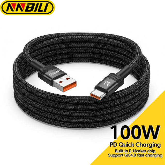 NNBILI 2er-Set USB-C Schnellladekabel mit 100 W PD, Typ-C auf Typ-C und USB-A auf Typ-C, in Schwarz und Blau - Bild 1