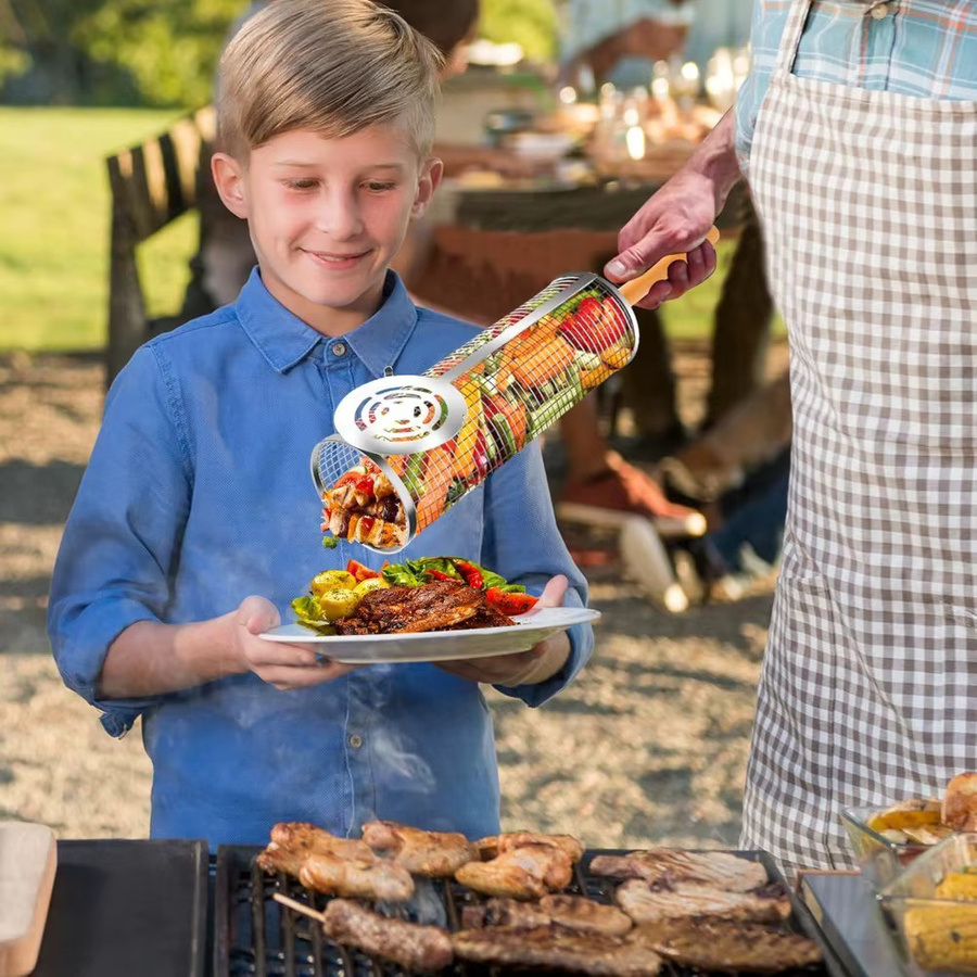 FEB.WIND Nesting-Grillkörbe aus Edelstahl 304 in Silber mit abnehmbarem Holzgriff und rundem Grillnetz - Bild 4