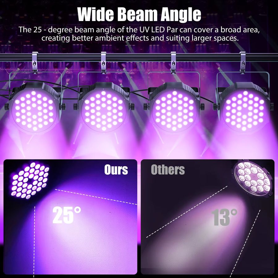 U'King 4er Set UV Schwarzlicht LED Bühnenstrahler mit 108W und 36 LED pro Gerät, DMX512 und Fernbedienung für DJ, Disco und Shows - Bild 4