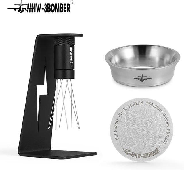 MHW-3BOMBER Espresso-Puck-Sieb-Set aus Edelstahl in Silber mit Dosiertrichter und magnetischem Kaffee-Nadelrührer-Verteiler - Bild 1