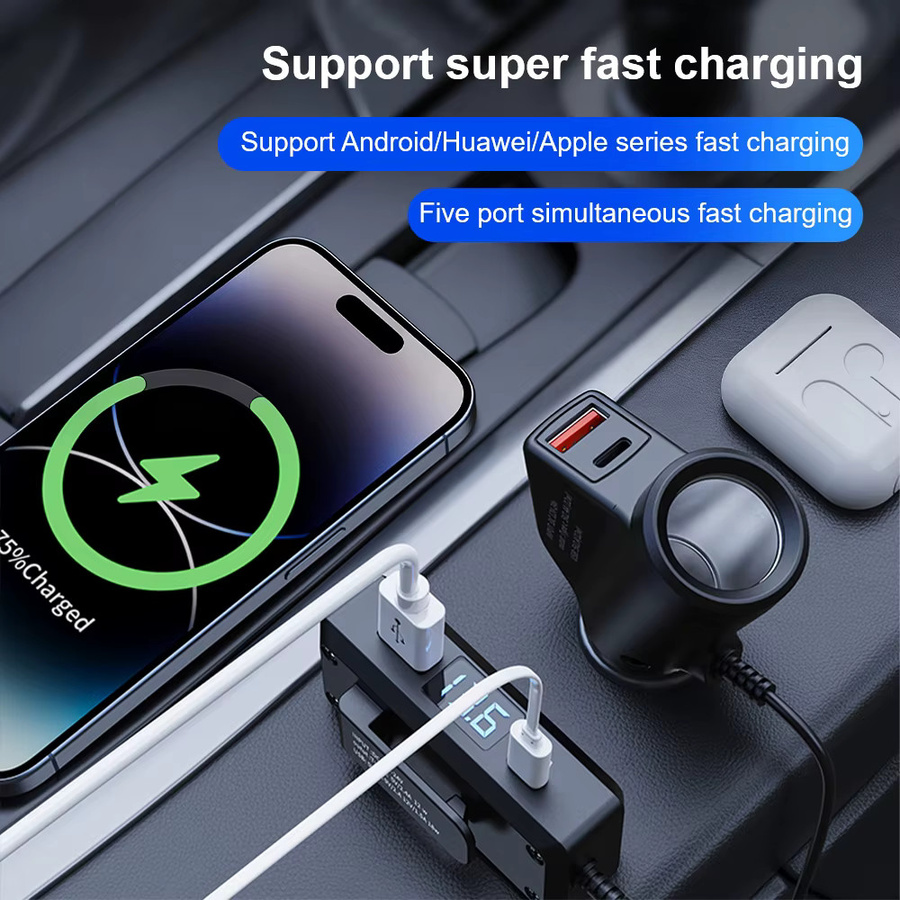 LEEPEE Multifunktionales Auto Ladegerät mit Digital Display und USB-C Schnellladefunktion QC3.0 + PD in Schwarz - Bild 2