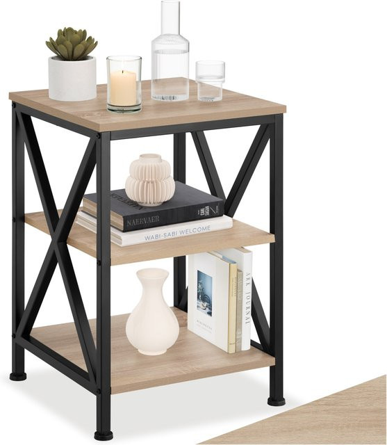 tectake Beistelltisch im Industrial Style mit 3 Ablagen aus Stahl und Holzoptik in Braun und Schwarz, B/T/H: 40,5 x 40,5 x 60,5 cm - Bild 1