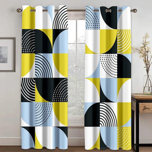 Yiran Furniture Vorhänge mit abstraktem geometrischem Spiralmuster in Gelb und Grau, 2er-Set, Breite: 135 cm, Höhe: 165 cm - Bild 1