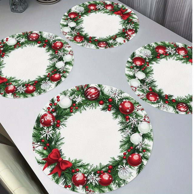 VIKAMA 4-teiliges Weihnachts-Tischset aus Leinen mit Kiefernzweig und Schneeflocken-Design, rund, mehrfarbig - Bild 1