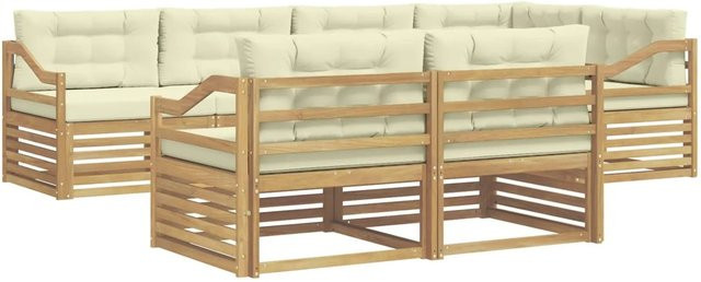 vidaXL Outdoor-Sofagarnitur in L-Form aus Akazienholz mit Kissen, 7-teiliges Set, Weiß und Creme-weiß - Bild 1
