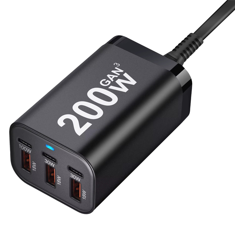 Deepartner 200W USB-C Schnellladegerät mit 6 Ports, kompaktes Netzteil in Schwarz für iPhone und Samsung Galaxy - Bild 4
