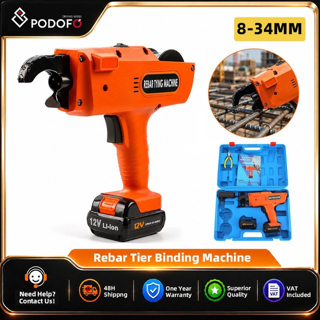 Podofo Automatisches Kabelloses Bewehrungsbindewerkzeug 12V in Orange mit Akku und Zange für 8-34mm Stahlstäbe - Bild 1
