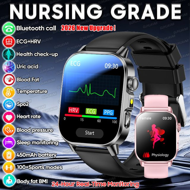 GUHUAVMI Smartwatch mit EKG und PPG zur Gesundheitsdiagnose für Männer und Frauen zur Körperanalyse von Blutdruck und Harnsäure in Schwarz oder Blau - Bild 1