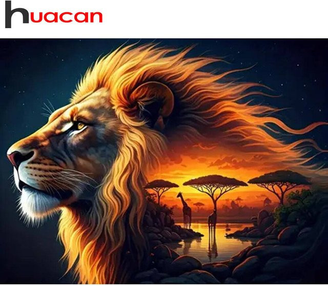 Huacan 5D-Diamantgemälde mit Löwe und Giraffe, DIY Diamant-Mosaik Set in Multicolour, rund, Durchmesser: 30 cm - Bild 1
