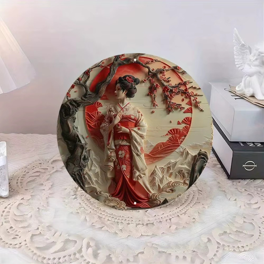 Amawe Aluminium-Wandkunst Japanischer Sonnenuntergang mit Frauenporträt, Rundes Metallschild in Multicolour, UV-beständige Dekoration für Innen und Außen - Bild 3