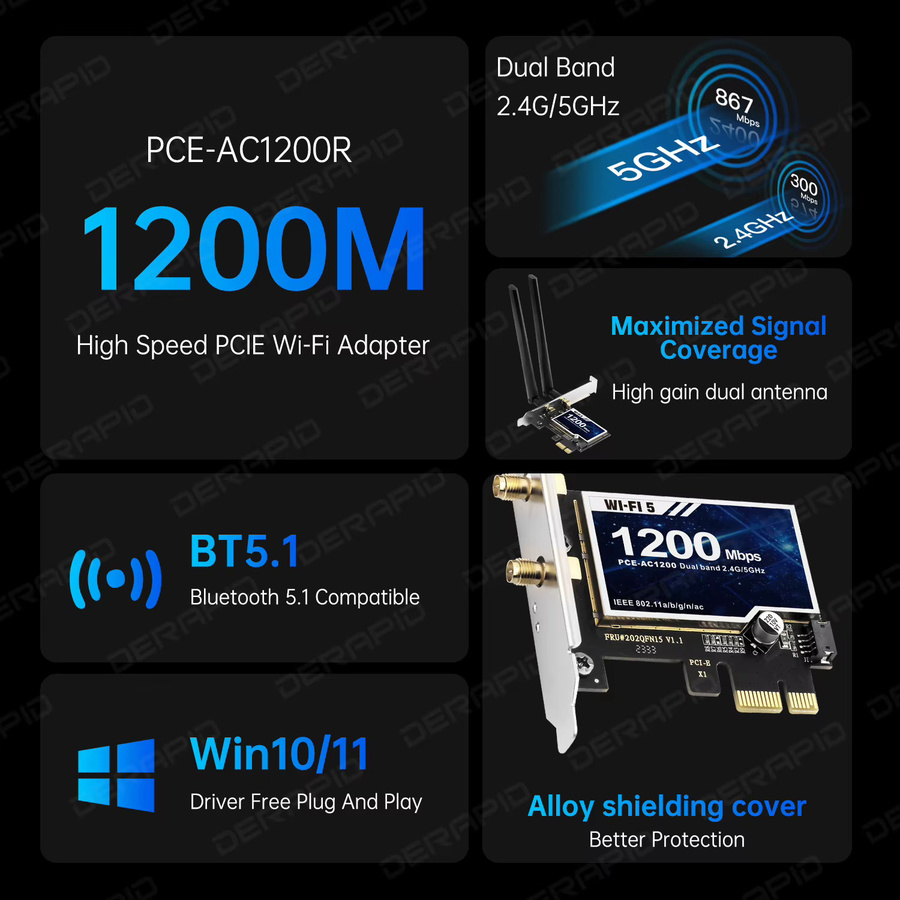 DERAPID Dual Band AC1200 RTL8822CE PCIe WiFi-Karte mit Bluetooth 5.1 für PC, 867 Mbit/s, 5 GHz, Schwarz - Bild 2