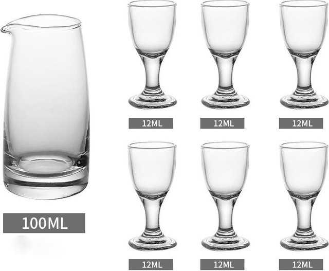 7-teiliges Shot-Glass-Set von Yiran Furniture mit Weinausgießer und 6 transparenten Gläsern in 10 ml, 12 ml und 15 ml inklusive Geschenkbox - Bild 1