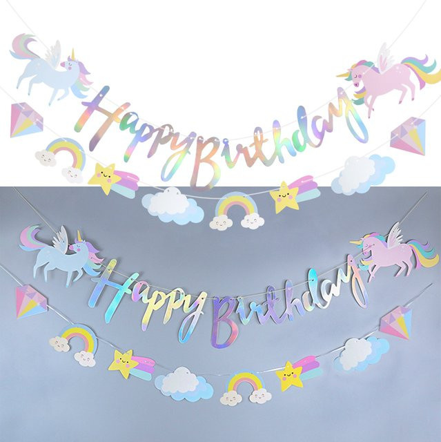 YONGSNOW Einhorn Geburtstag Banner aus Papier mit Wolken und Sternen, Bunting Girlande für Baby Shower und Party-Dekoration, Mehrfarbig - Bild 1