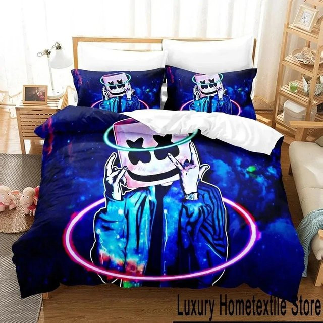 Bettwäscheset Marshmallow DJ mit 3D-Druck, bestehend aus Bettbezug und Kissenbezug, Mehrfarbig, B/H: 135 x 200 cm - Bild 1
