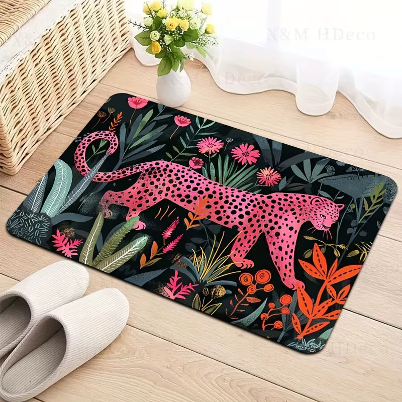 VIKAMA Bodenmatte Vibrant Jungle Pink mit Leopardenmuster, maschinenwaschbar, rechteckig - Bild 3